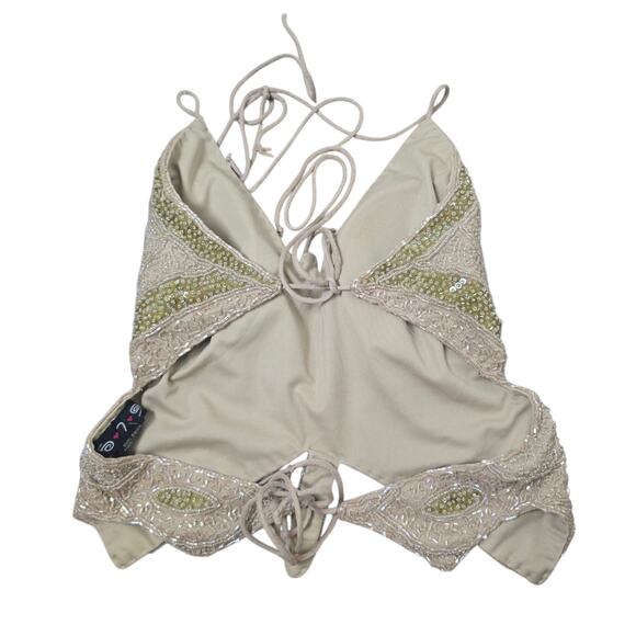 Y2K 5.7.9 Vintage Beaded Sequin Butterfly Halter Top Medium Green Cream - Picture 3 of 7